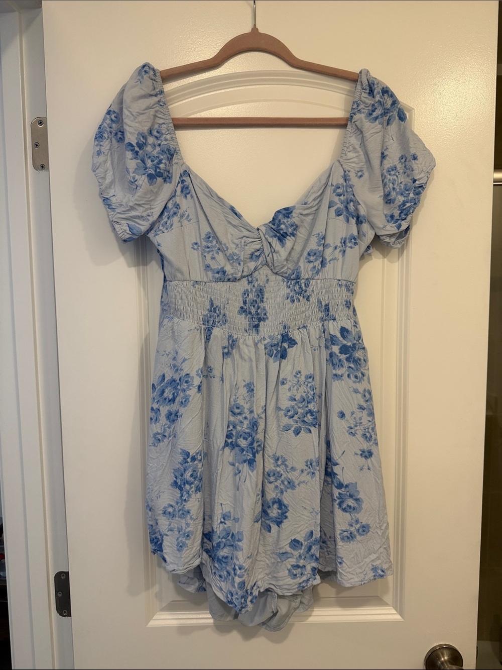 Women's Blue Floral Puff-Sleeve romper
